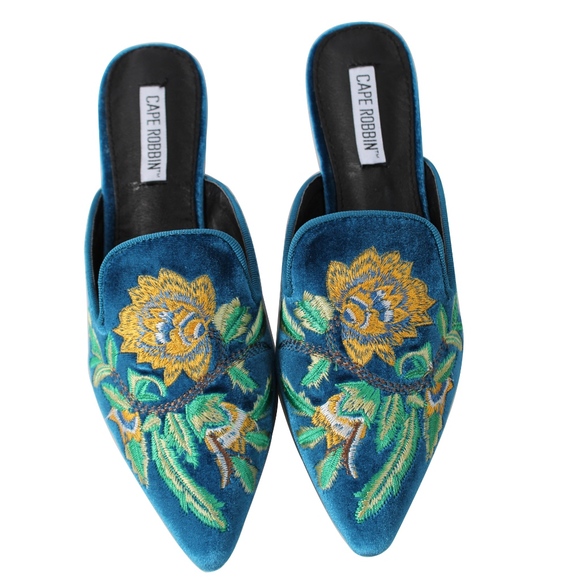 Shoes - Peacock Floral Embroidered  Slip on Mules